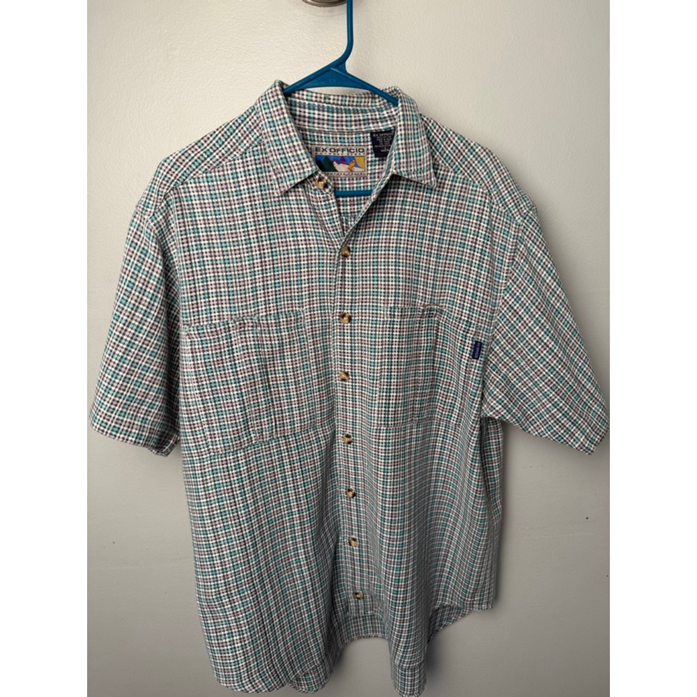 Vintage Ex Officio Adventure Travel Shirt Men’s Large L Plaid Short Sleeve